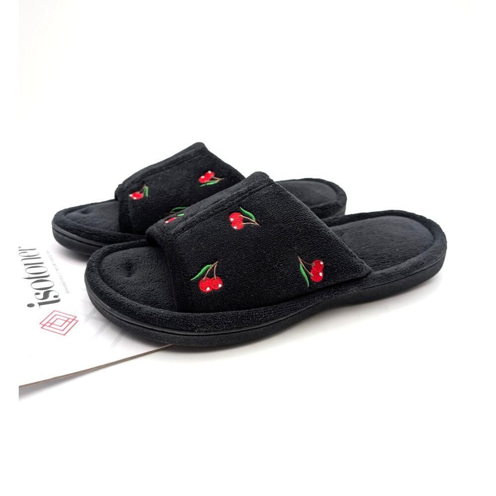 Isotoner Slip-On Slide Slippers Cherry Print Women's Black Size US9.5-10 EU40
